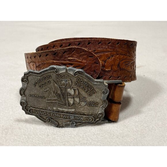 Vintage Tooled Leather Belt w/ Livingston Wells & Co Buckle Size 36 Western